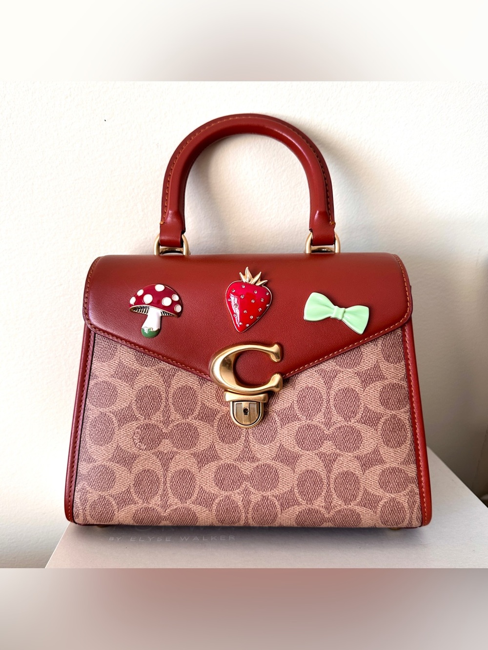 Coach Brown Signature Canvas Satchel with Red Leather Trim